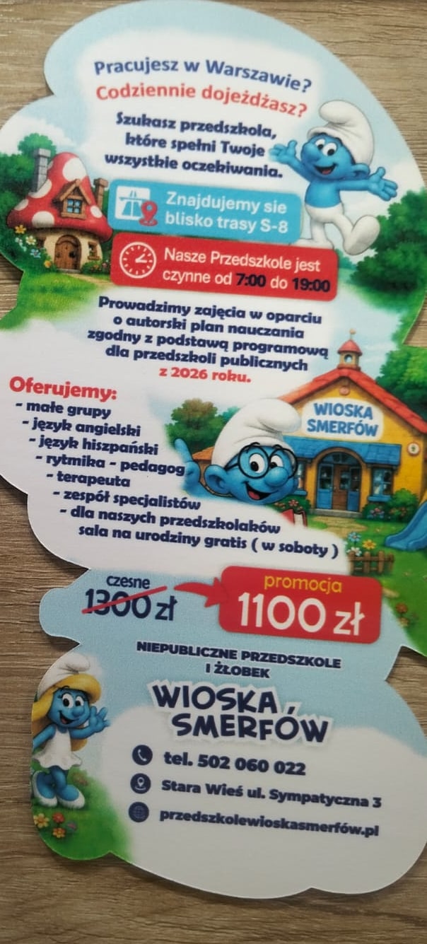 Wizytówka Niepublicznego Przedszkola i Żłobka Wioska Smerfów – oferta, godziny 7:00-19:00 i promocyjne czesne 1100 zł